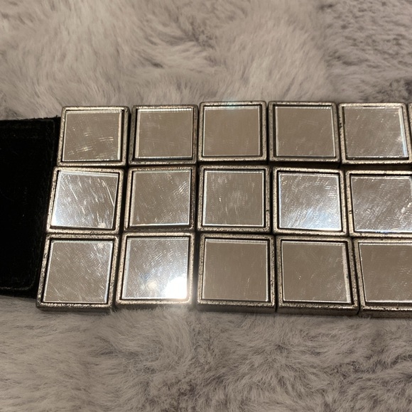 Vintage Rubik IceCube glass Mirror Suede Leather Wide statement belt Y2K RARE - Picture 9 of 14